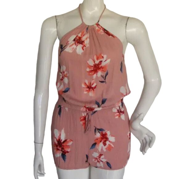 LULU'S Romper, M, Pink Rayon, Floral, Halter, Short shorts, Drawstring - Picture 1 of 12